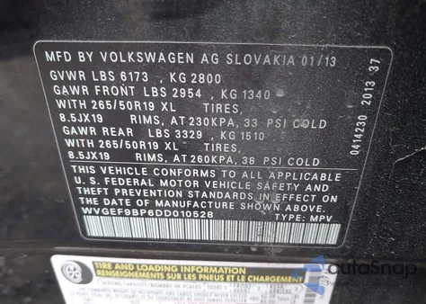 2013 Volkswagen Touareg Vr6 Lux z USA, uszkodzony, nr VIN WVGEF9BP6DD010528